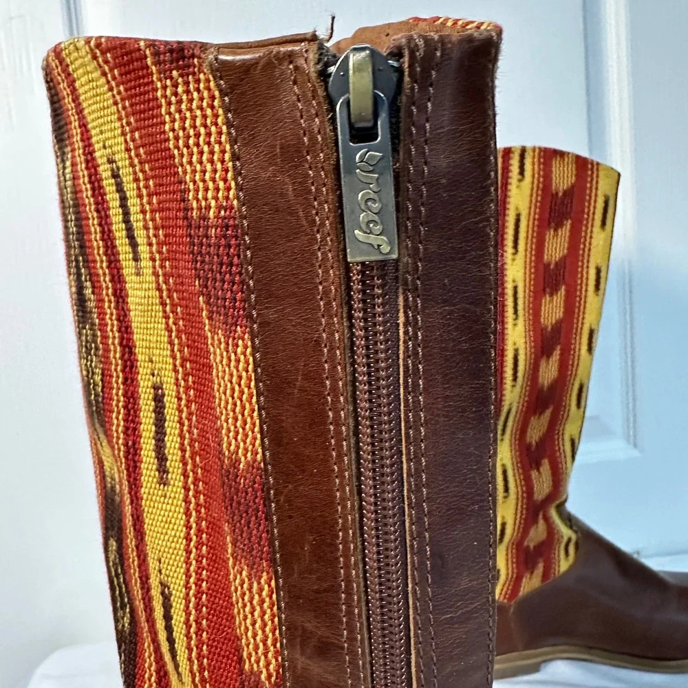 Reef Santa Marta Knee High Boots Women Size 7 Back Zip Brown‎ Aztec Western Boho